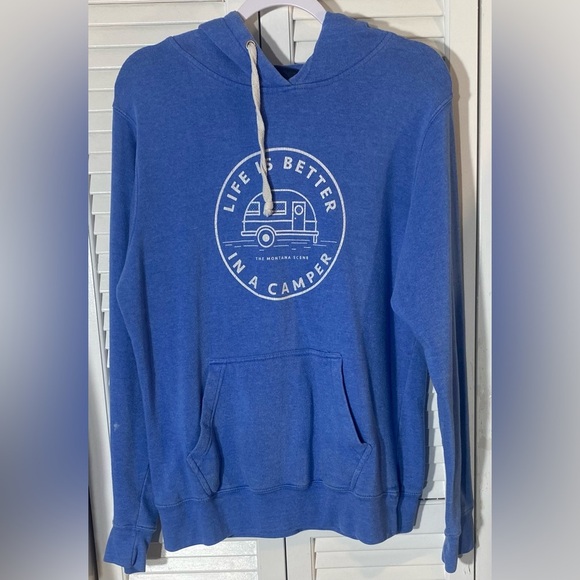 J America Hoodie Sweatshirt Size Large Blue Pocket Life is Better in a Camper - Picture 1 of 7